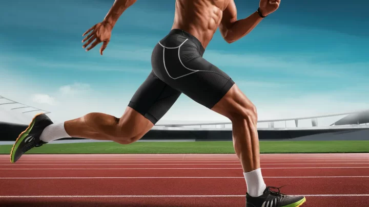 Atleta masculino correndo em pista, usando bermuda térmica preta com bolso, destacando pernas musculosas.