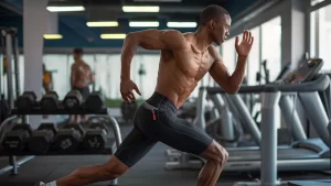 Atleta vestindo shorts de compressão com design antiassadura e bolso esportivo em posição de corrida na academia.