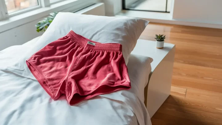 Boxer de microfibra rosa em destaque sobre travesseiro branco em quarto moderno e iluminado.