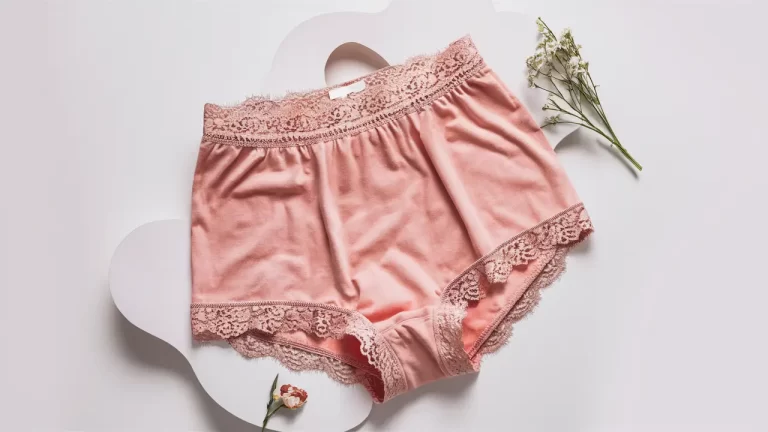 Calcinha boxer feminina rosa pastel com renda delicada em fundo branco, ao lado de uma pequena decoração floral.