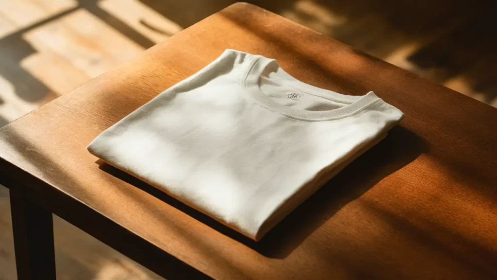 Camiseta branca dobrada sobre mesa de madeira com luz suave ao fundo.