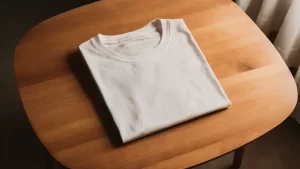 Camiseta masculina branca de algodão dobrada sobre mesa de madeira clara com iluminação suave.