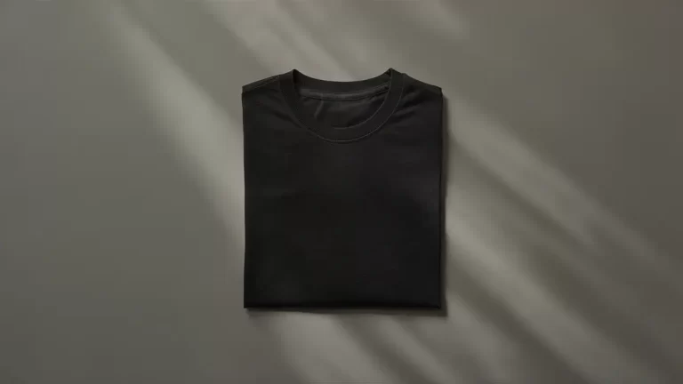 Camiseta masculina preta de algodão dobrada em um fundo cinza neutro, com reflexos de luz destacando detalhes do tecido.