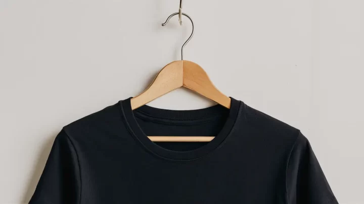 Camiseta preta em cabide de madeira sobre fundo branco, destacando o tecido liso e gola redonda clássica.