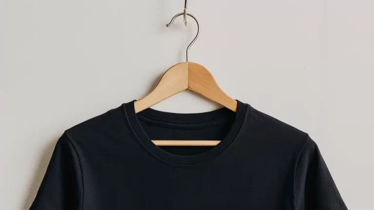 Camiseta preta em cabide de madeira sobre fundo branco, destacando o tecido liso e gola redonda clássica.