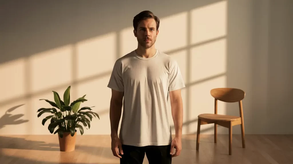 Homem de pé em um quarto minimalista vestindo camiseta branca, com cadeira de madeira e planta em vaso ao lado.