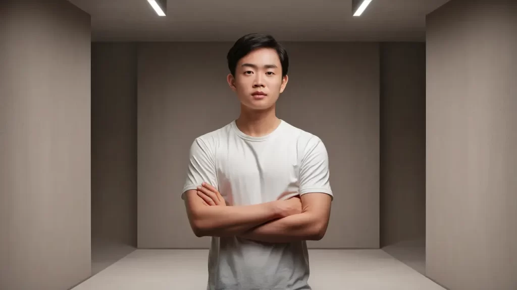 Homem jovem de pé em uma sala minimalista, vestindo camiseta branca lisa, expressão neutra, sem decoração.