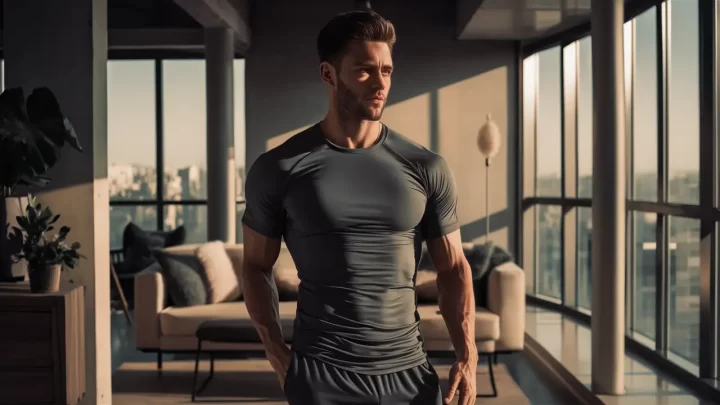 Homem em um apartamento moderno vestindo camiseta viscolycra cinza carvão, com luz natural destacando o tecido macio.
