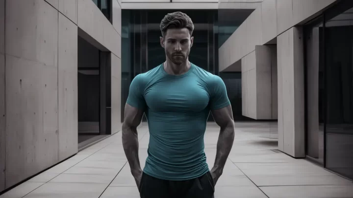 Homem moderno com camiseta viscolycra em cenário urbano minimalista com arquitetura de concreto e vidro.