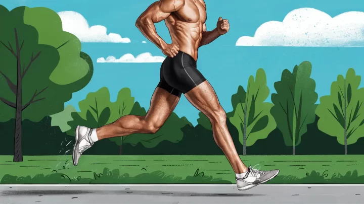 Homem atlético correndo com cueca boxer long leg, pernas musculosas em movimento, árvores verdes e céu azul ao fundo.