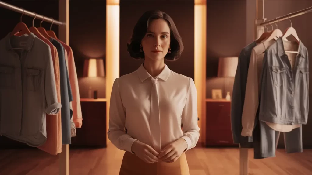 Mulher em pé em uma sala moderna vestindo blusa simples e elegante, cercada por roupas casuais em cabides.