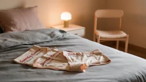 Cena de quarto aconchegante com cueca samba canção de algodão sobre a cama e abajur aceso na mesa de cabeceira.