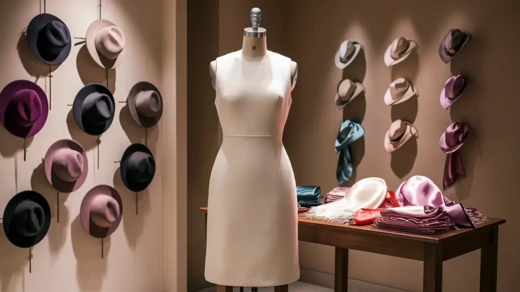 Vitrine com manequim vestindo vestido branco liso, cercado por lenços de seda coloridos e chapéus elegantes.