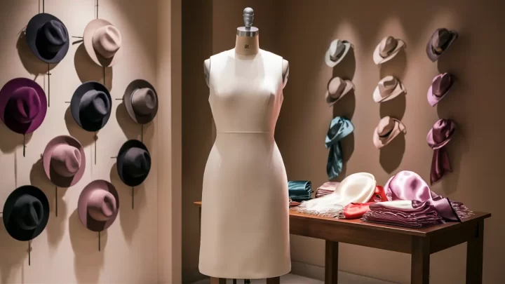 Vitrine com manequim vestindo vestido branco liso, cercado por lenços de seda coloridos e chapéus elegantes.