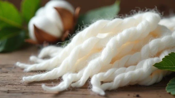 Fibras longas e macias de algodão peruano em close, com algodão cru ao fundo