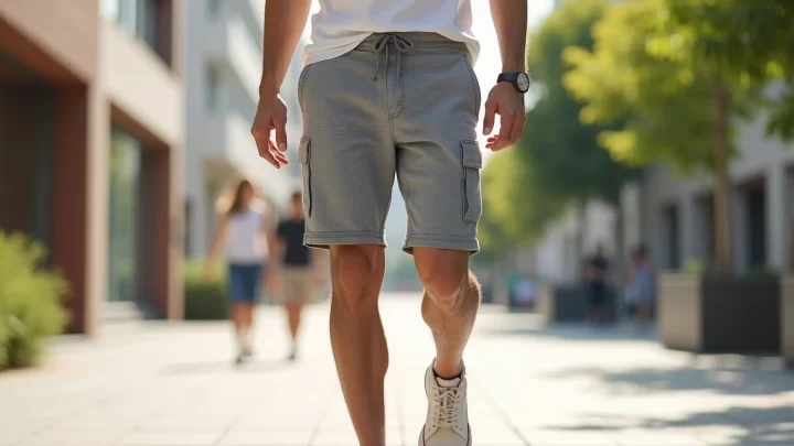 Homem usando bermuda térmica cinza com bolso em ambiente urbano