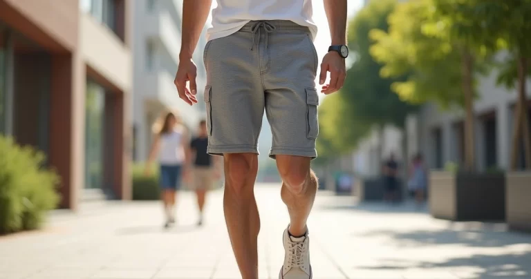 Homem usando bermuda térmica cinza com bolso em ambiente urbano