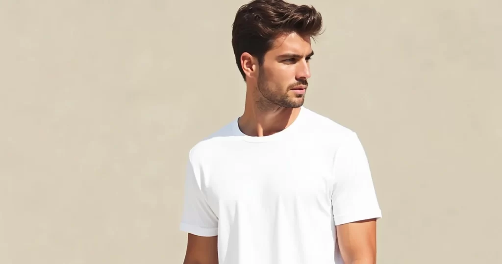 Homem usando camiseta branca básica em ambiente externo com fundo neutro e iluminação natural