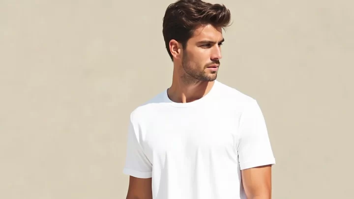 Homem usando camiseta branca básica em ambiente externo com fundo neutro e iluminação natural