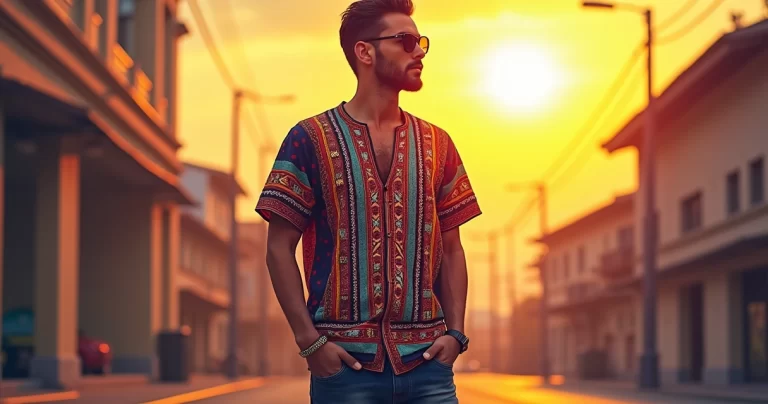 Homem vestindo camiseta peruana colorida com padrões tradicionais em fundo urbano iluminado