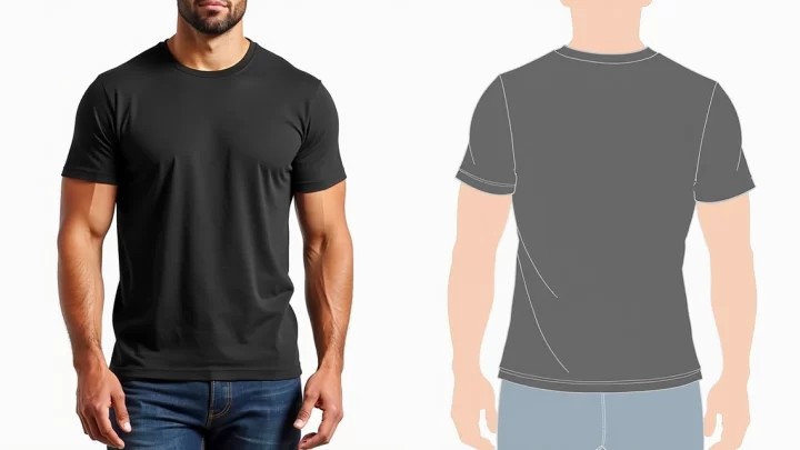 Camiseta preta masculina slim modelo ajustado com gola careca sobre fundo branco