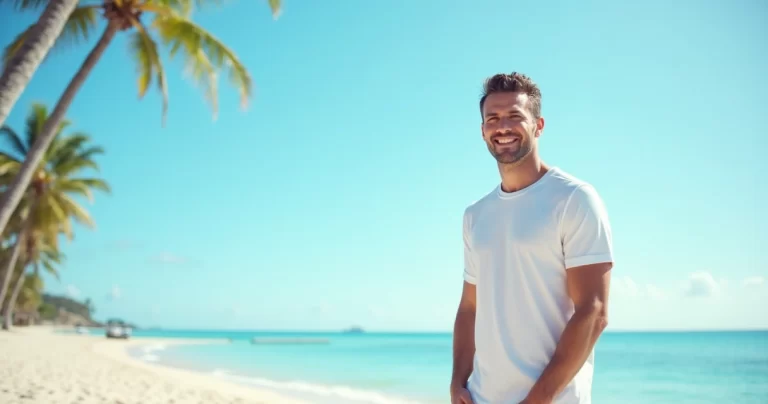 Homem vestindo camiseta masculina com proteção UV, em praia ensolarada com mar ao fundo