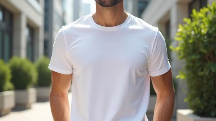 Homem vestindo camiseta viscolycra masculina branca em ambiente urbano claro