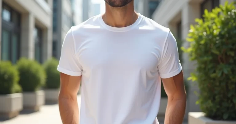 Homem vestindo camiseta viscolycra masculina branca em ambiente urbano claro