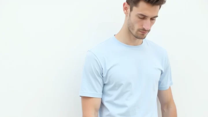 Homem usando camiseta viscolycra masculina azul clara com fundo branco