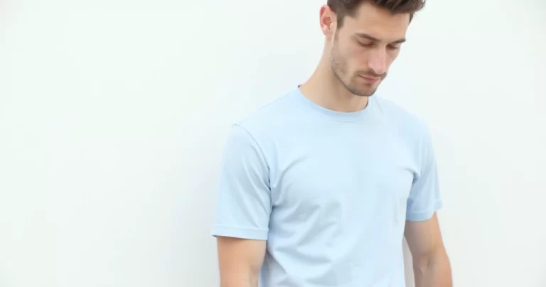 Homem usando camiseta viscolycra masculina azul clara com fundo branco