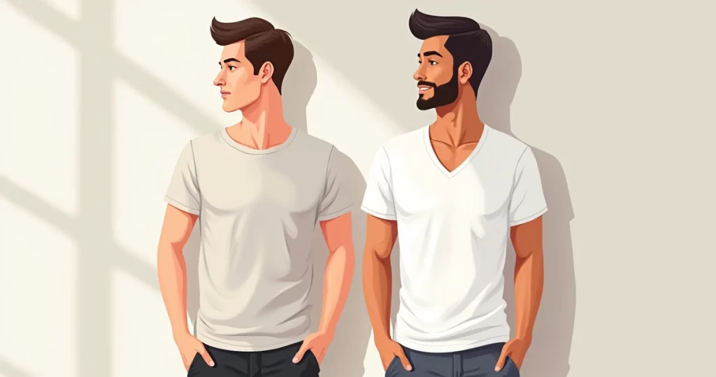 Dois homens usando camisetas com gola careca e gola V em cenário claro e moderno