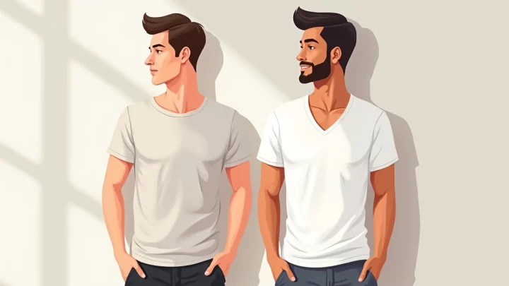 Dois homens usando camisetas com gola careca e gola V em cenário claro e moderno