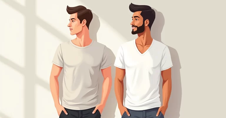 Dois homens usando camisetas com gola careca e gola V em cenário claro e moderno