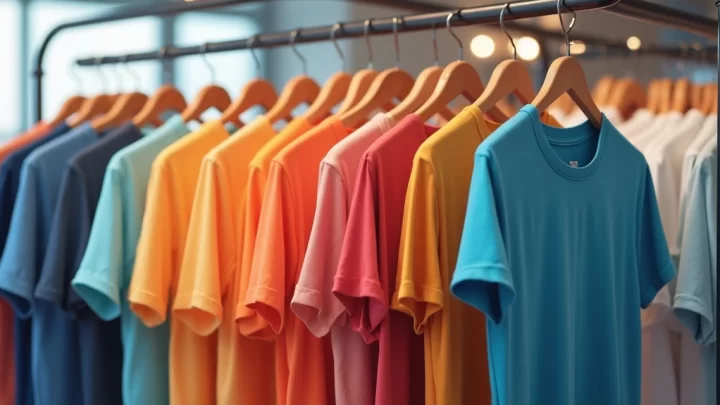 Diversas camisetas masculinas lisas em várias cores penduradas em cabides