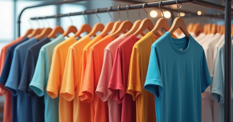 Diversas camisetas masculinas lisas em várias cores penduradas em cabides