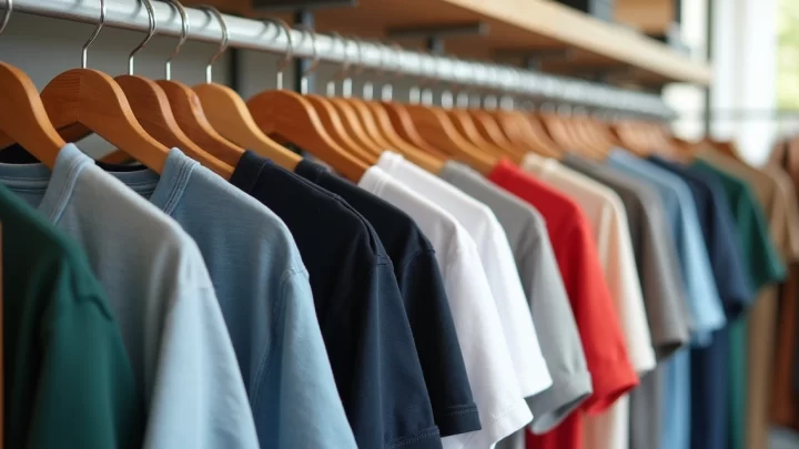 Variedade de camisetas masculinas lisas em diferentes estilos e cores penduradas em cabides