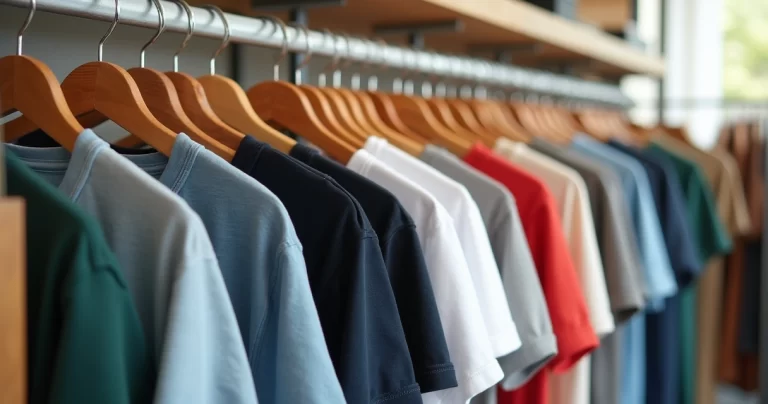 Variedade de camisetas masculinas lisas em diferentes estilos e cores penduradas em cabides