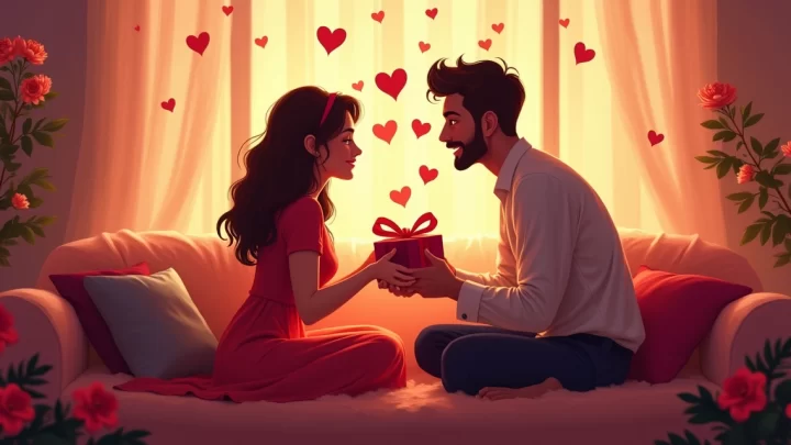 Casal trocando presentes de Dia dos Namorados em ambiente decorado com corações e flores vermelhas