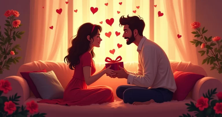 Casal trocando presentes de Dia dos Namorados em ambiente decorado com corações e flores vermelhas