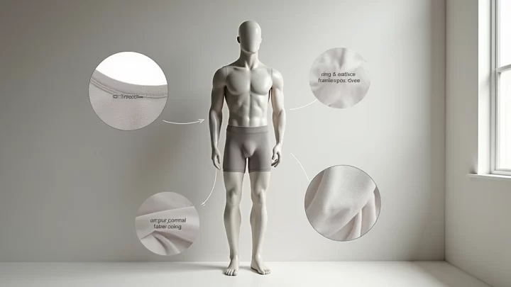 Cueca boxer longa masculina em tecido respirável com design moderno em fundo neutro