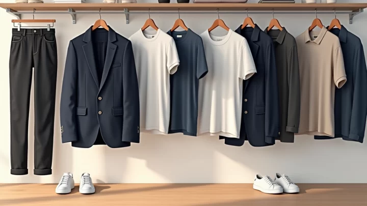 Guarda-roupa masculino organizado com calças, camisetas, camisas polo, moletom e tênis em cores neutras