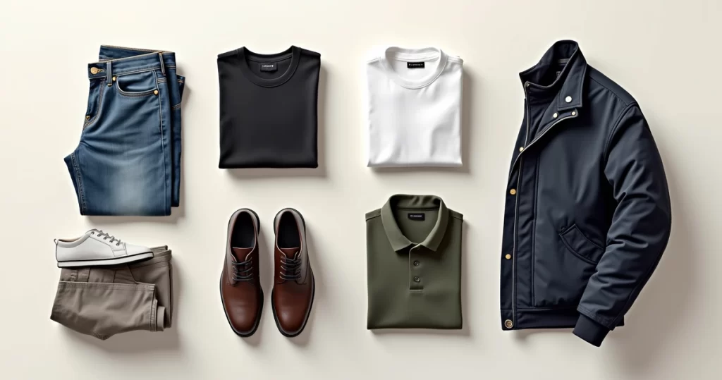 Variedade de peças masculinas essenciais para guarda-roupa cápsula organizadas sobre uma superfície clara