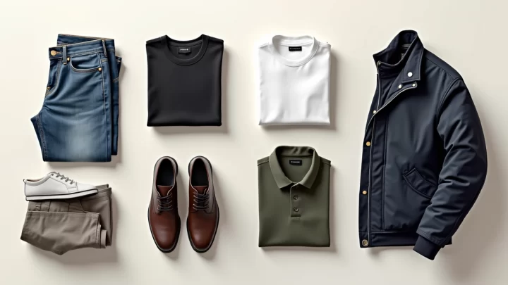 Variedade de peças masculinas essenciais para guarda-roupa cápsula organizadas sobre uma superfície clara