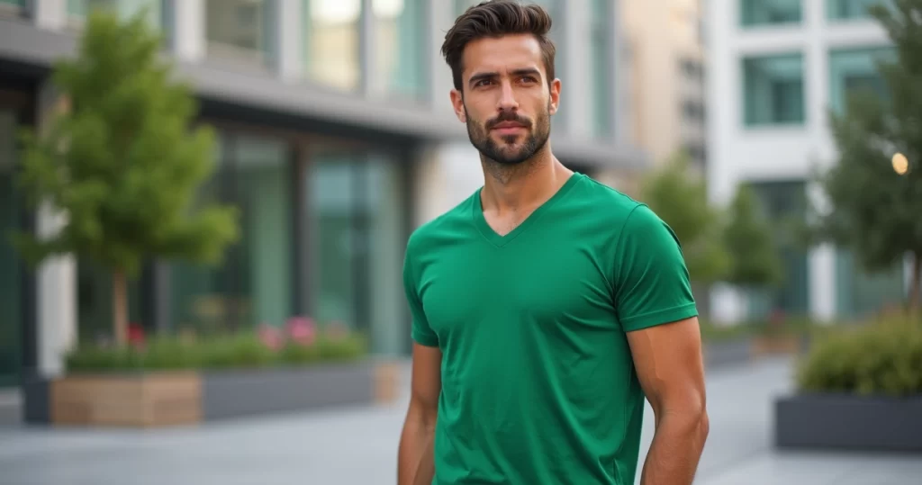 Homem vestindo camiseta gola V verde em ambiente urbano ao ar livre