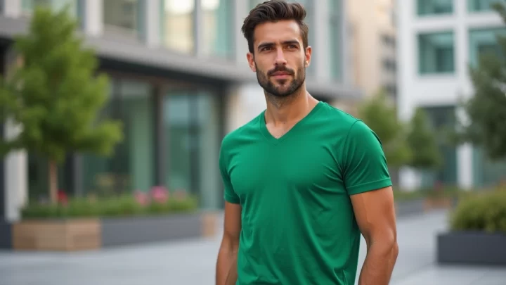 Homem vestindo camiseta gola V verde em ambiente urbano ao ar livre