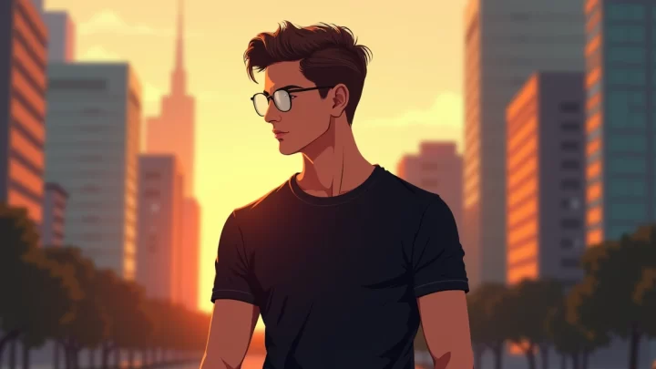 Homem vestindo camiseta preta em estilo urbano, com fundo desfocado da cidade ao entardecer