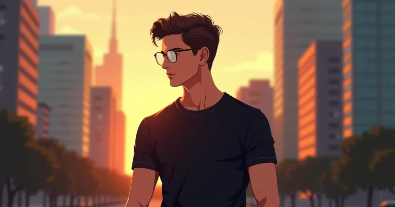 Homem vestindo camiseta preta em estilo urbano, com fundo desfocado da cidade ao entardecer