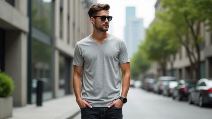 Homem vestindo camiseta gola V masculina ajustada em ambiente urbano casual