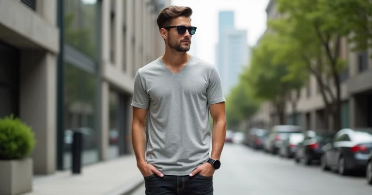 Homem vestindo camiseta gola V masculina ajustada em ambiente urbano casual