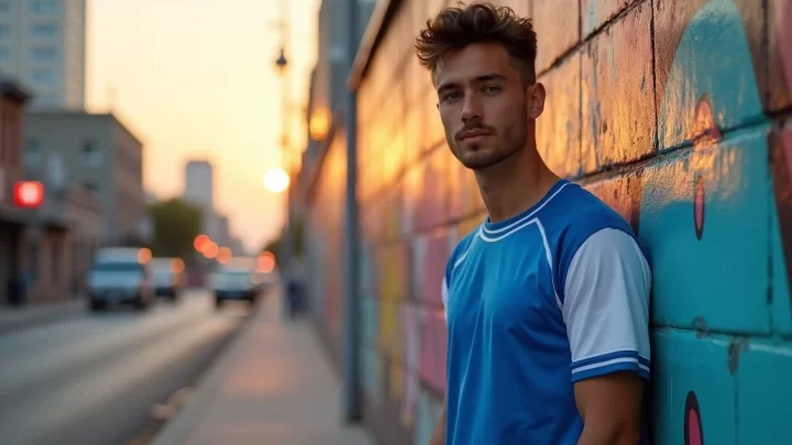Homem vestindo camiseta raglan azul com mangas brancas em ambiente urbano